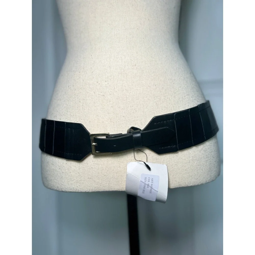 Punto Fibbia Black Italian Leather Belt Elastic Stretch Waist M Gold Buckle NWT